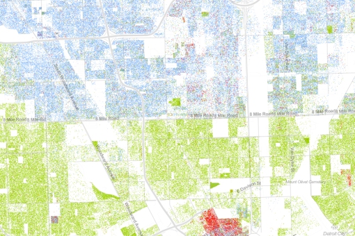 Carte ethnique de la ville de Detroit - "8 Mile Road" forme la ligne de séparation entre Noirs et Blancs